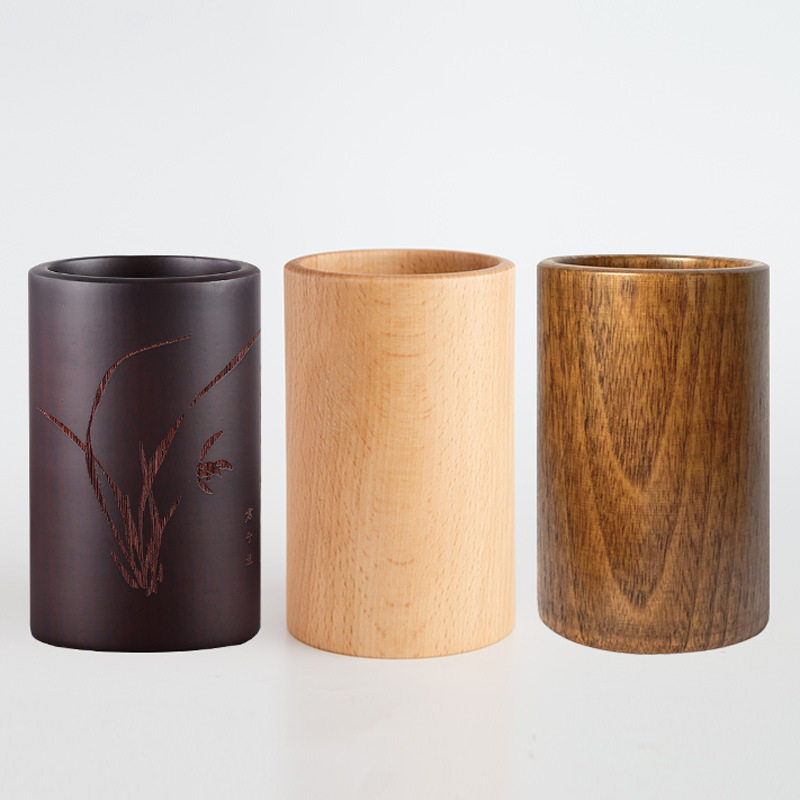 实木圆形笔筒整木简约木质笔筒书房桌面多功能收纳桶办公摆件