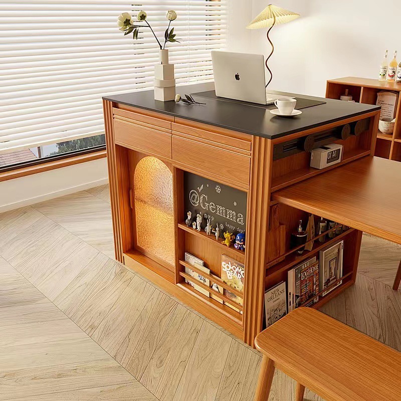 樱桃木北欧岩板岛台餐桌一体开放式厨房黑胡桃木书房餐厅餐边柜