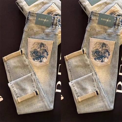 高端刺绣刮烂牛仔裤男士春夏潮牌修身小脚裤子浅色百搭水洗休闲裤
