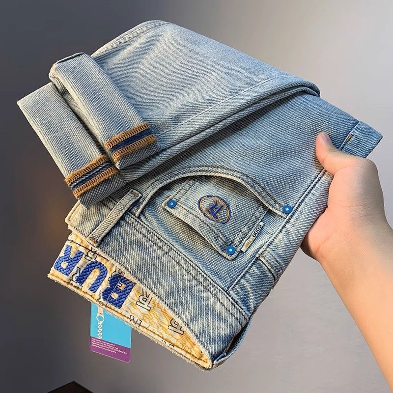 2025新款牛仔裤男士复古做旧刺绣小直筒裤子夏季美式潮牌休闲长裤