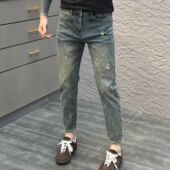 泼墨弹力休闲裤 高端刮烂复古牛仔裤 新款 个性 男修身 小脚2025春夏季