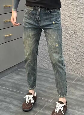 高端刮烂复古牛仔裤男修身小脚2025春夏季新款个性泼墨弹力休闲裤
