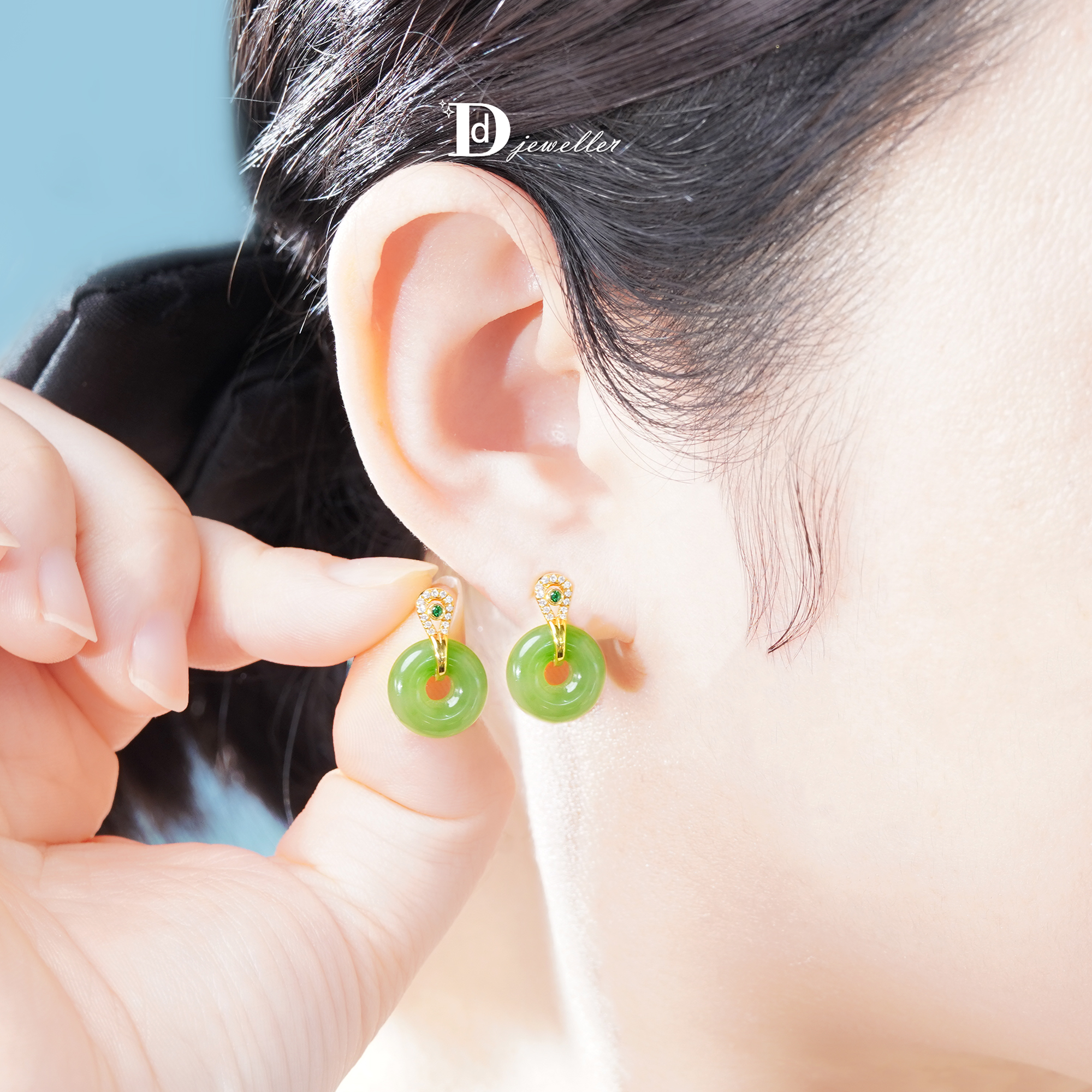 18k金和田碧玉平安扣耳坠耳饰