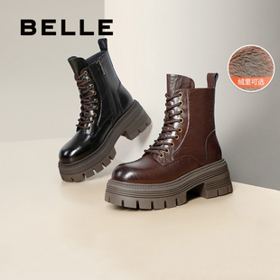 新款 复古马丁靴女冬季 加绒厚底系带短靴B2303DZ4 时尚 百丽专柜正品