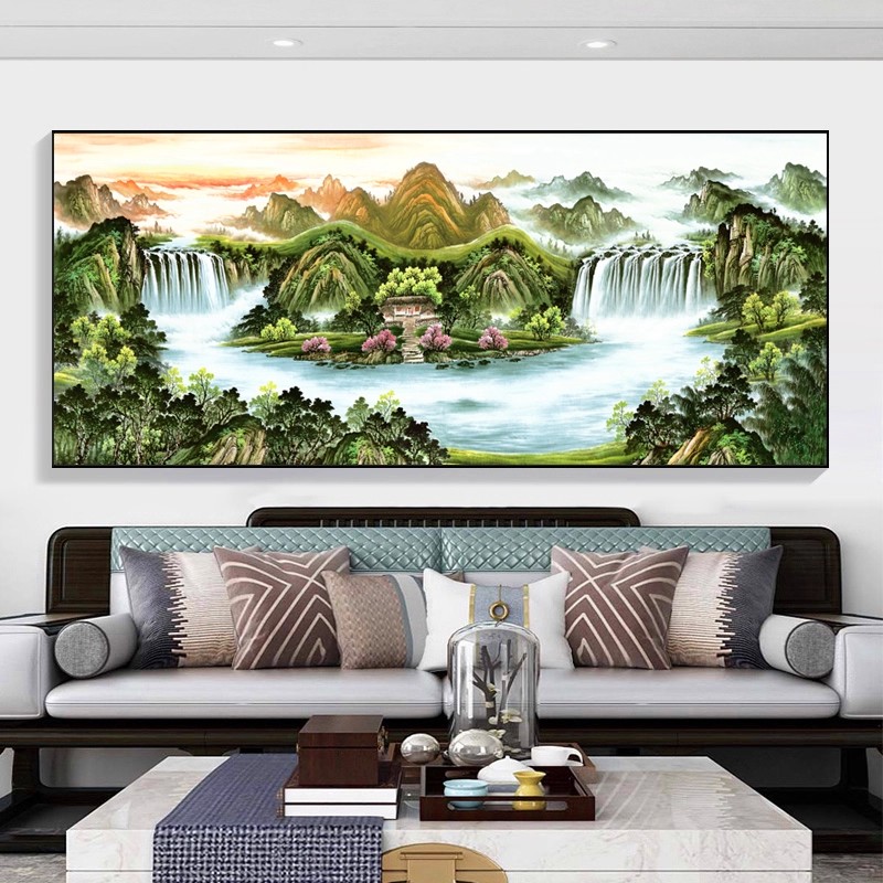 新中式客厅中堂沙发聚宝盆山水画