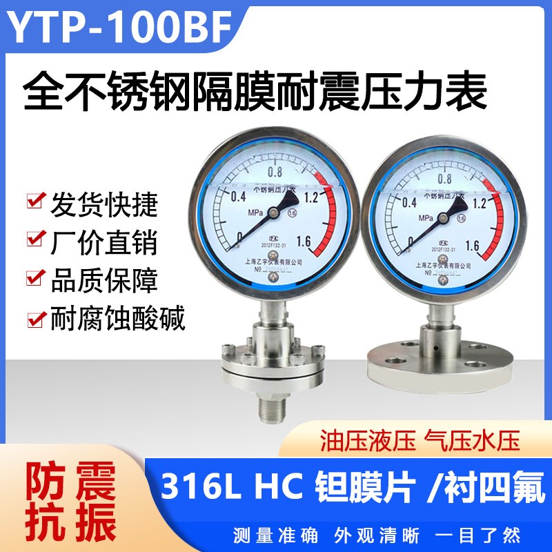 YTP-100MF ML不锈钢法兰隔膜膜片压力表螺纹 DN25 四氟耐酸碱耐震