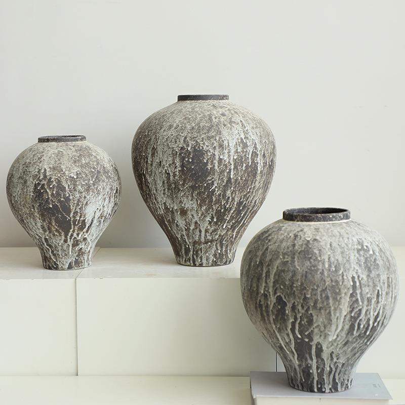 侘寂风摆件陶瓷花瓶复古粗陶罐台面花盆室内民宿家居花器装饰摆设