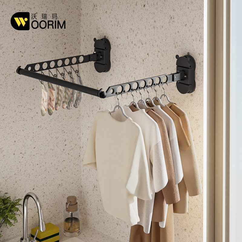 家用免打孔吸盘晾衣架卫生间 强力玻璃多功能P折叠袜架窗户晾衣杆