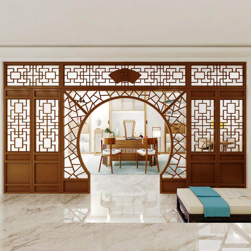 客厅茶室办公室隔断实木花格圆形拱门新中式月洞门月亮门屏风隔断