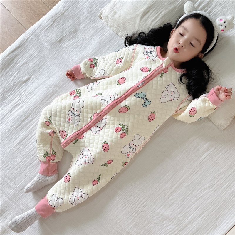 2024新款秋冬三层保暖睡袋宝宝连体睡衣男女宝宝纯棉拉链款防踢被
