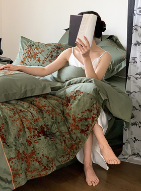 法式复古绿色1h00支全棉四件套纯棉1.8m床四季款床单被套床上用品