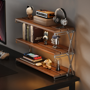 桌面置物架电脑桌免安装实木电竞风收纳架家M用桌上多层手办展示