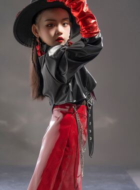 女童漆皮机车服重工o走秀科技服时尚童装模特服装酷炫风酒红皮裙