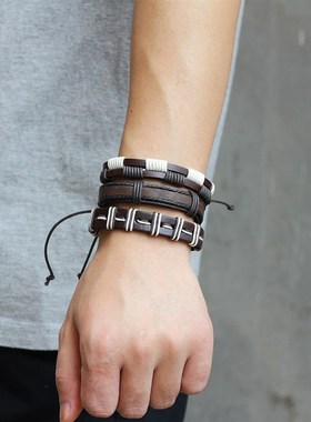 韩版流行时尚diy组合套装男士手链复古多层编织绑带真皮手链
