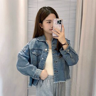 秋季韩版工装f休闲流苏短款牛仔外套女宽松150小个子长袖上衣