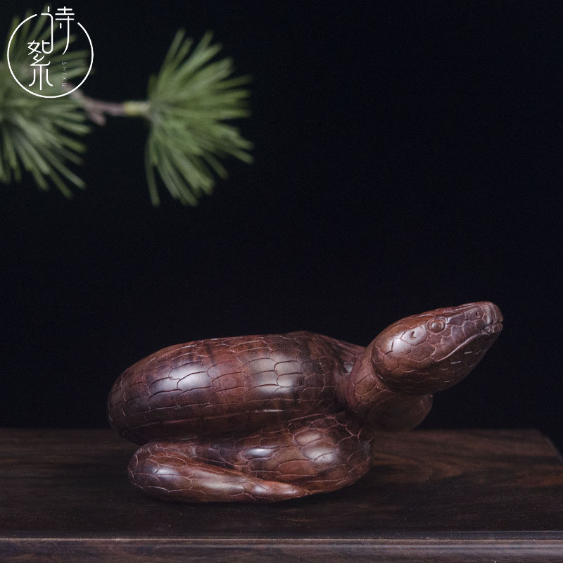 海南黄花梨紫油梨灵蛇摆件老料湘工一体雕刻蛇年吉祥木雕玄关摆件