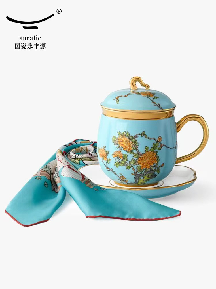 永丰源西湖蓝夫人万事利礼丝瓷套装陶瓷茶杯盖杯丝巾高档礼品