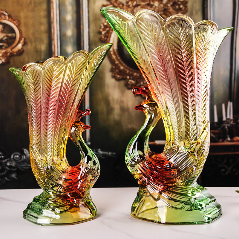 弗莱文茨水晶玻璃花瓶艺术感孔雀花瓶创意家居欧式花瓶家居摆件