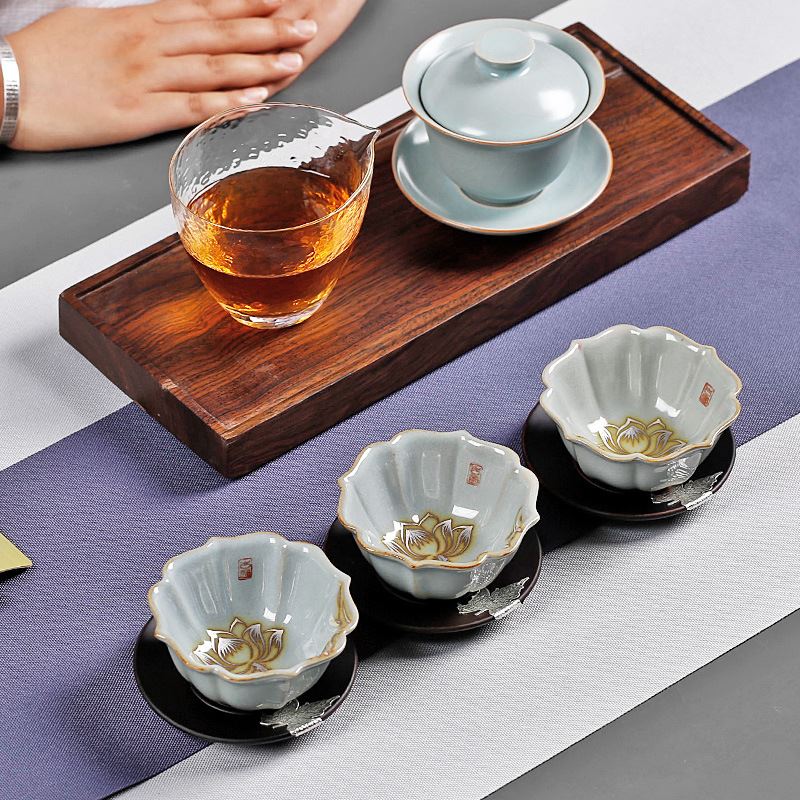 手绘银莲花汝窑茶杯个人开片可养带盖大号汝瓷茶盏主人杯品单杯