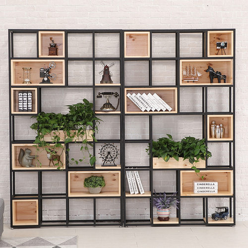工业风格子架美式书架复古书柜铁艺隔搁板置物架实木隔断展示架
