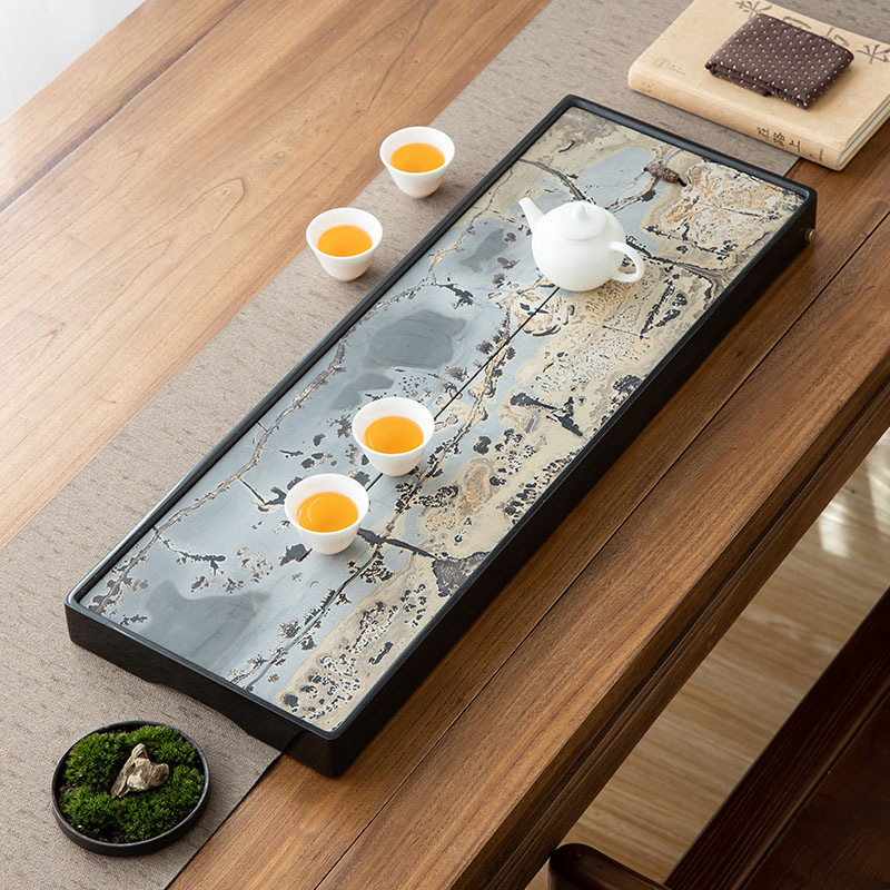 轻奢高端纯天然整块国画石茶盘家用储排两用新款乌金石头茶台茶具