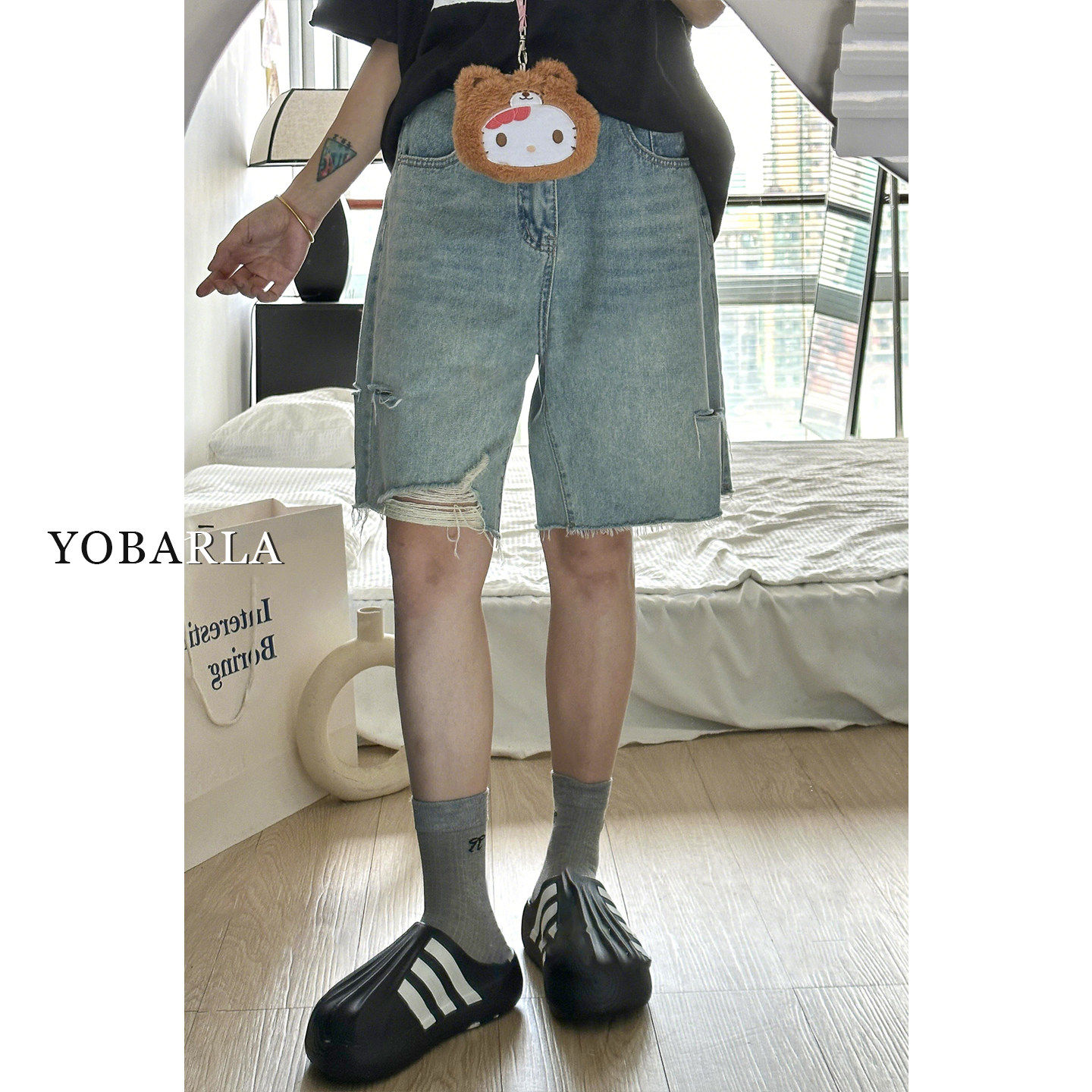 浅色破洞牛仔短裤女高腰夏季新款大尺码胖mm宽松显瘦直筒五分五分