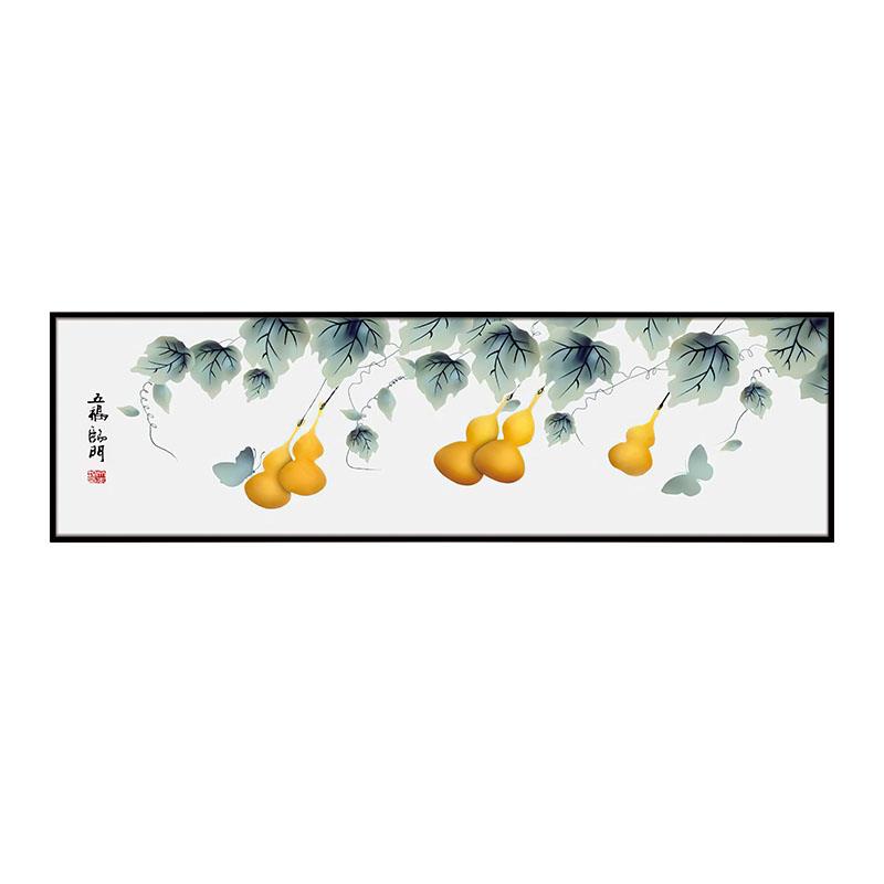 新中式五福临门装饰画黄色葫芦绿叶长幅晶瓷画家庭客厅办公桌挂画图片