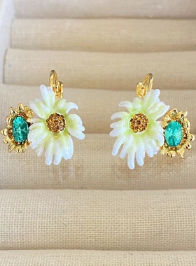 法国珐琅手工小雏菊系列宝石白绿色耳环2024新款小清新项链戒指
