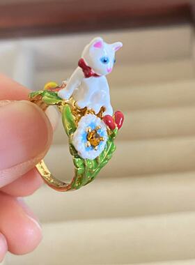 法国珐琅可爱猫咪小花朵爱护动物蝴蝶结领结小猫戒指