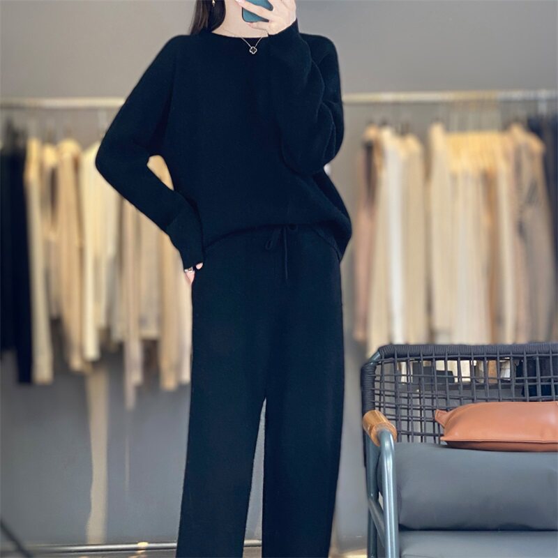 2025秋冬新款100%纯羊毛衫女圆领加厚宽松慵懒风毛衣针织套装