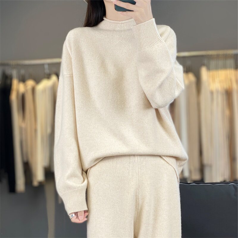 2025秋冬新款100%纯羊毛衫套装女半高领加厚宽松毛衣阔腿裤两件套