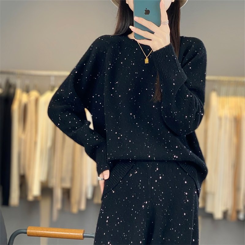 2025秋冬新款100%纯羊毛衫女圆领加厚宽松慵懒风毛衣针织套装
