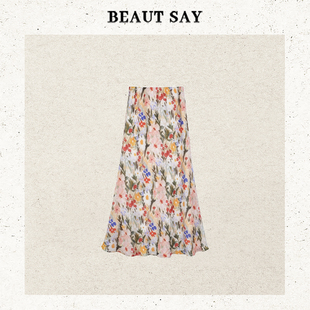 BEAUT SAY夏季清新田园风印花斜裁鱼尾显瘦百搭半身裙ASQ00297