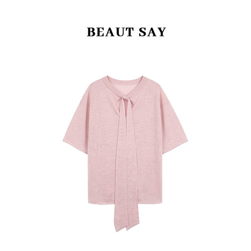 BEAUT SAY春夏新款时尚百搭飘带设计宽松羊毛短袖T恤AST00256