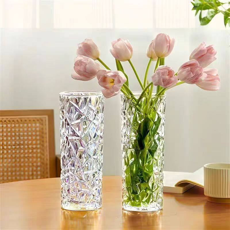 新款简约现代透明玻璃花瓶切面圆柱形家居鲜花水培绿植装饰摆件