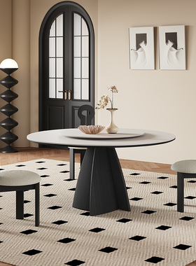 W7法式实木餐桌家用黑色圆形带转盘意式现代简约纯白复古岩板圆桌