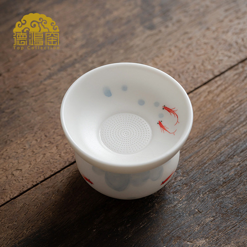景德拟古 茶漏茶滤高档陶瓷全瓷一体汝窑手绘白瓷茶漏网茶隔可养