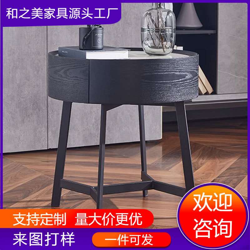 意式极简设计师圆形岩板床头柜