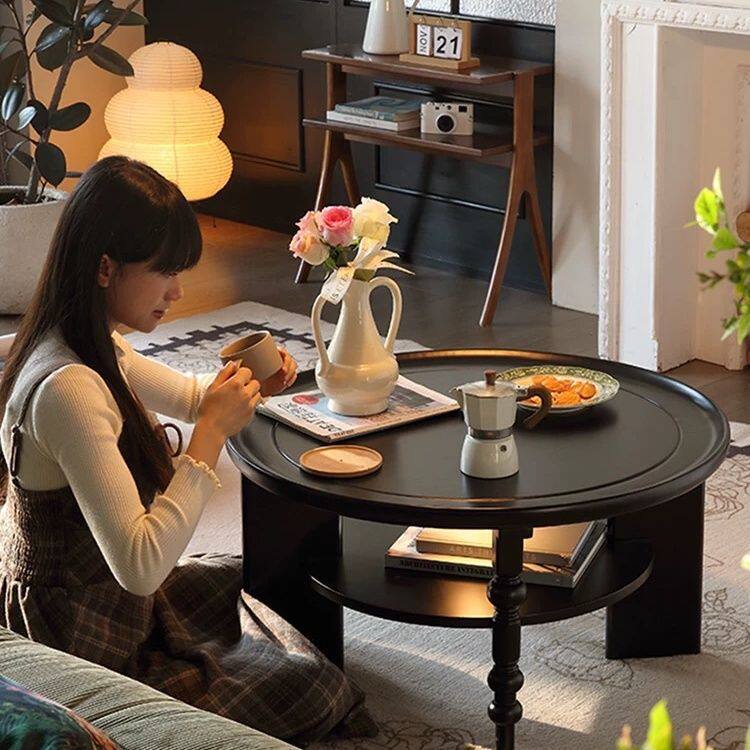 法式实木茶几圆形茶桌小户型中式小桌子古风家用客厅美式复古新款