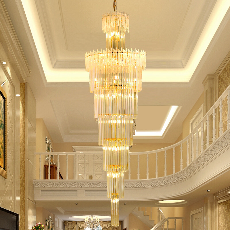 轻奢复式楼客厅大吊灯别墅楼中楼酒店大堂楼梯金色水晶大厅灯