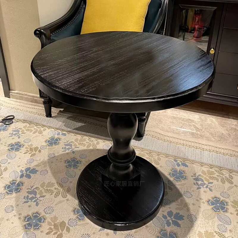 N5欧式复古小桌子极简60茶几咖啡桌甜品店沙发边几法式圆桌餐桌黑