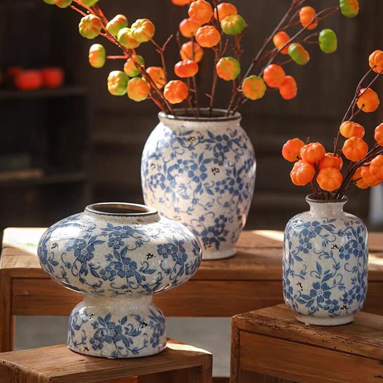青花瓷仿古陶罐灯笼陶瓷花瓶摆件客厅插花高级感复古玄关装饰品