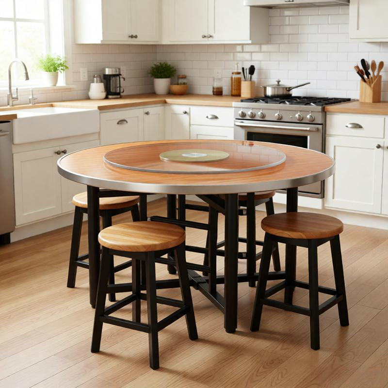 大圆桌面板家用餐桌实木圆桌带旋转盘折叠圆台面餐厅酒店饭桌商用