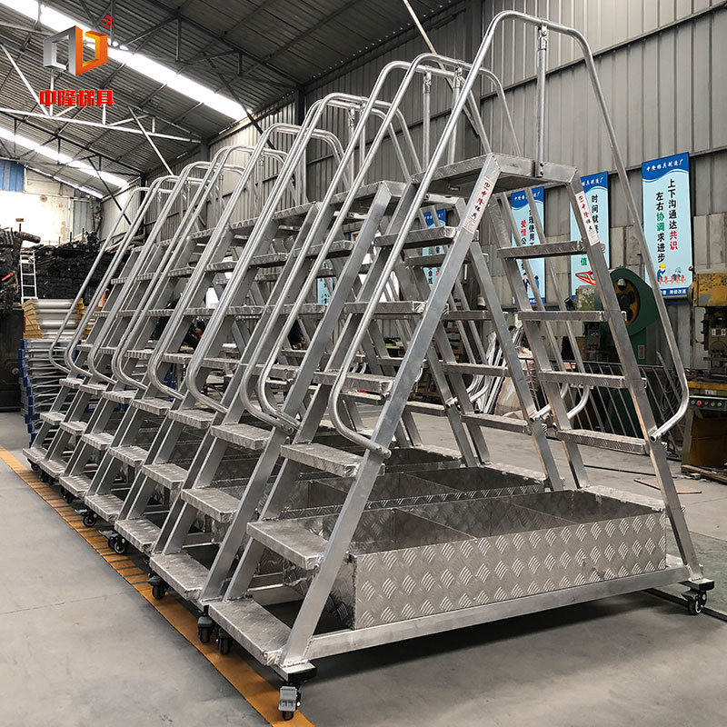 大连中隆牌铝合金双侧带工具箱移动登高平台双面攀爬超市理货梯子