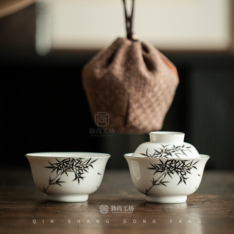 手绘墨竹快客杯收纳包小套组户外便携陶瓷旅行茶具泡茶碗茶杯套装