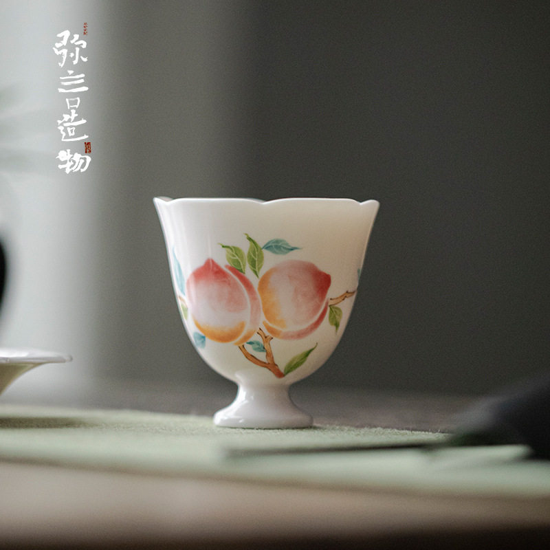 弥言釉下彩手绘桃子大号主人杯手工陶瓷花口茶杯高足品茗杯喝茶杯