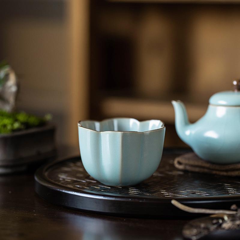 汝窑开片复古创意单主人杯茶具茶杯陶瓷主人功夫品茗杯家用莲花杯
