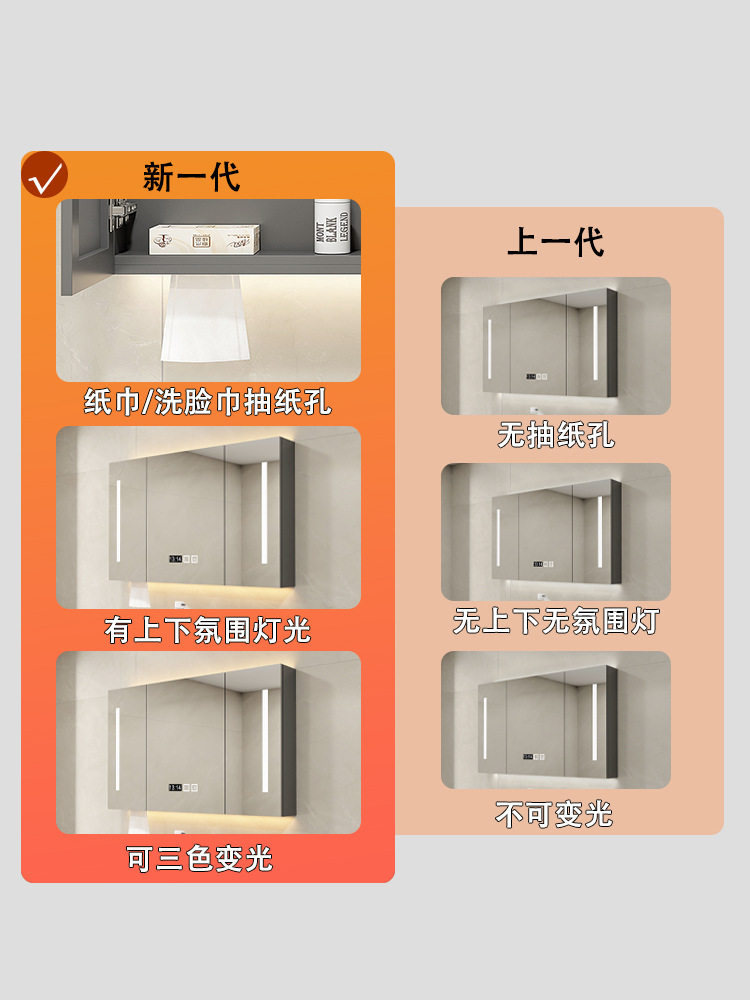 实木智能浴室镜柜单独挂墙式带灯除雾卫生间梳妆镜子洗手间置新品