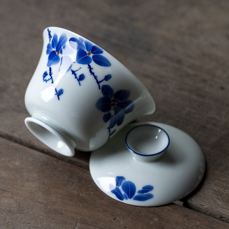 火宴烽手绘玉兰花盖碗茶杯白瓷带盖泡茶杯单个小号敬茶碗手绘青花
