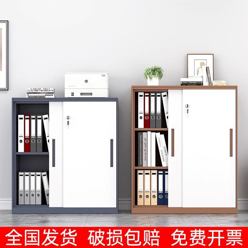 办公室铁皮柜带锁档案资料柜文件柜储物柜加厚钢制收纳矮柜推拉门